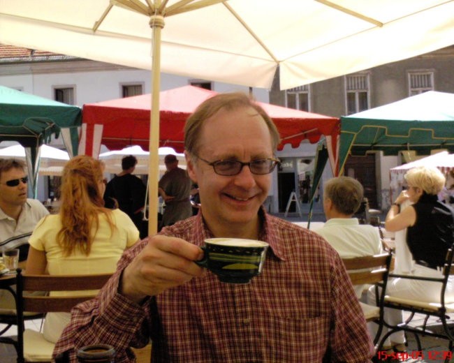 Terry having coffee in Maribor