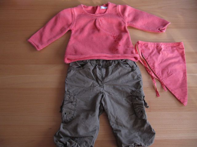 št. 74 komplet : poletne hlače HM + pleten puloverček Obaibi + rutka - 9,5 eur