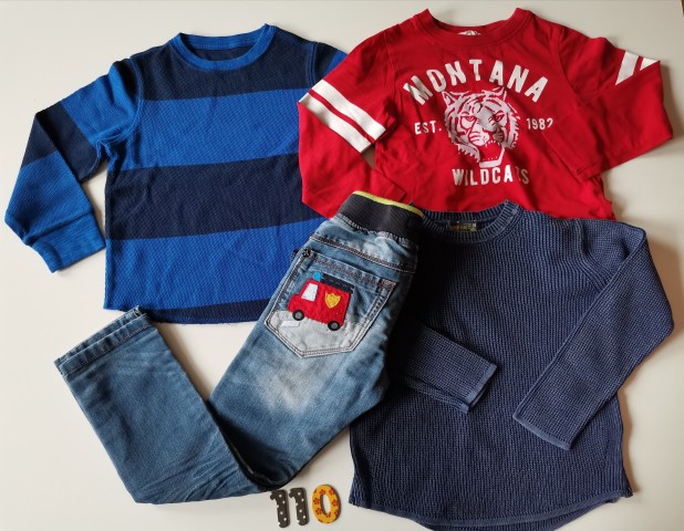 Gap pulover, H&M majica, OVS pulover, Next kavbojke; ustreza 110; 32 eur